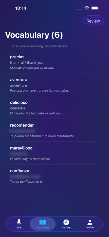 Vocabulary list screen